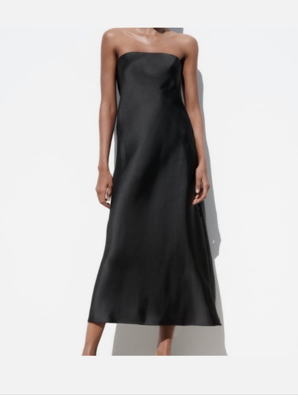 NWT Zara Strapless Black Satin Midi Dress Size S